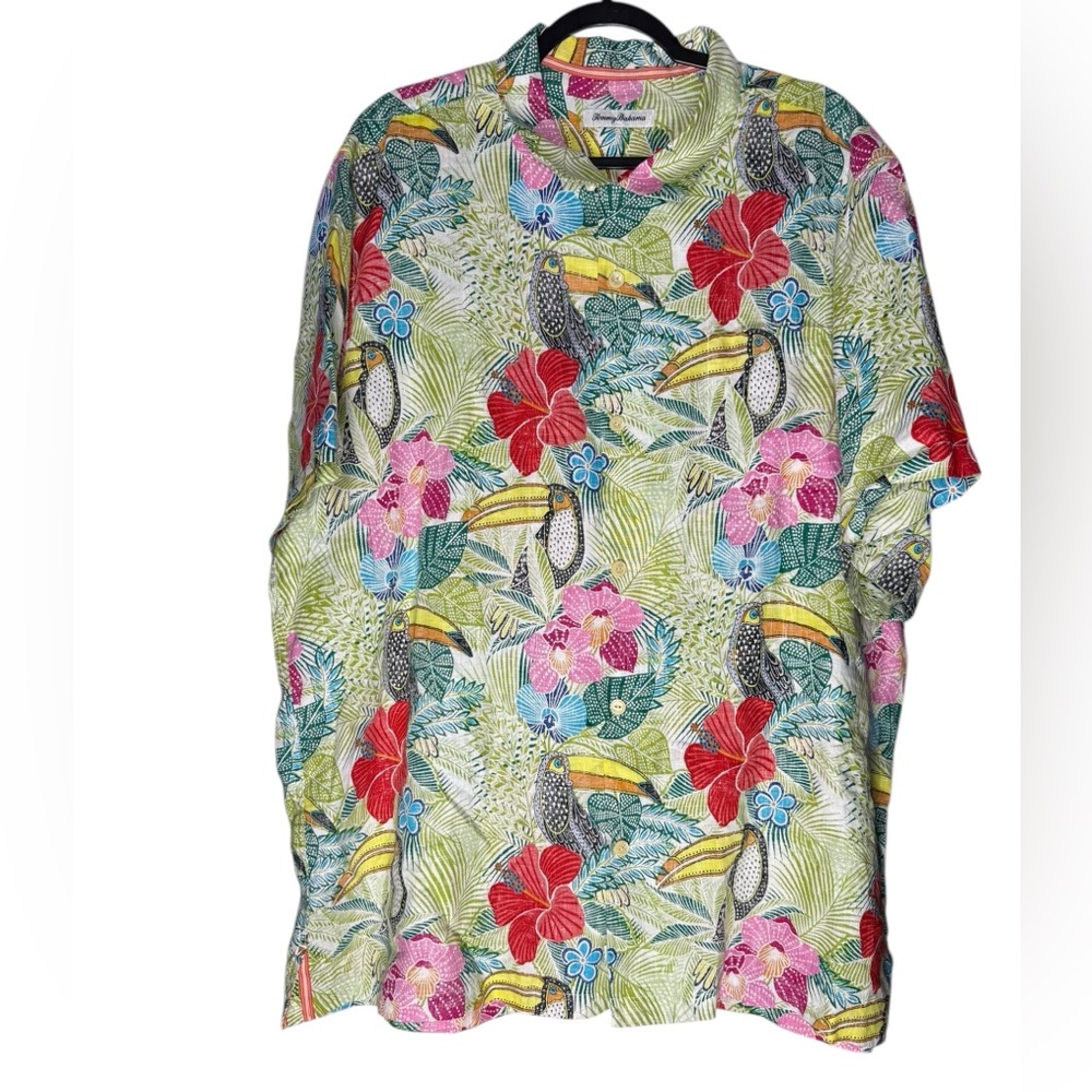 Tommy Bahama Men’s XXL Hawaiian Shirt 100% Linen Tropical Toucan Floral Resort